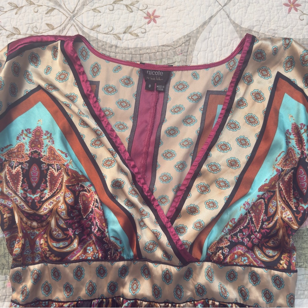 Nicole Scarf Print Paisley Babydoll Tunic Top M Boho V Neck Cap Sleeve - Picture 3 of 8